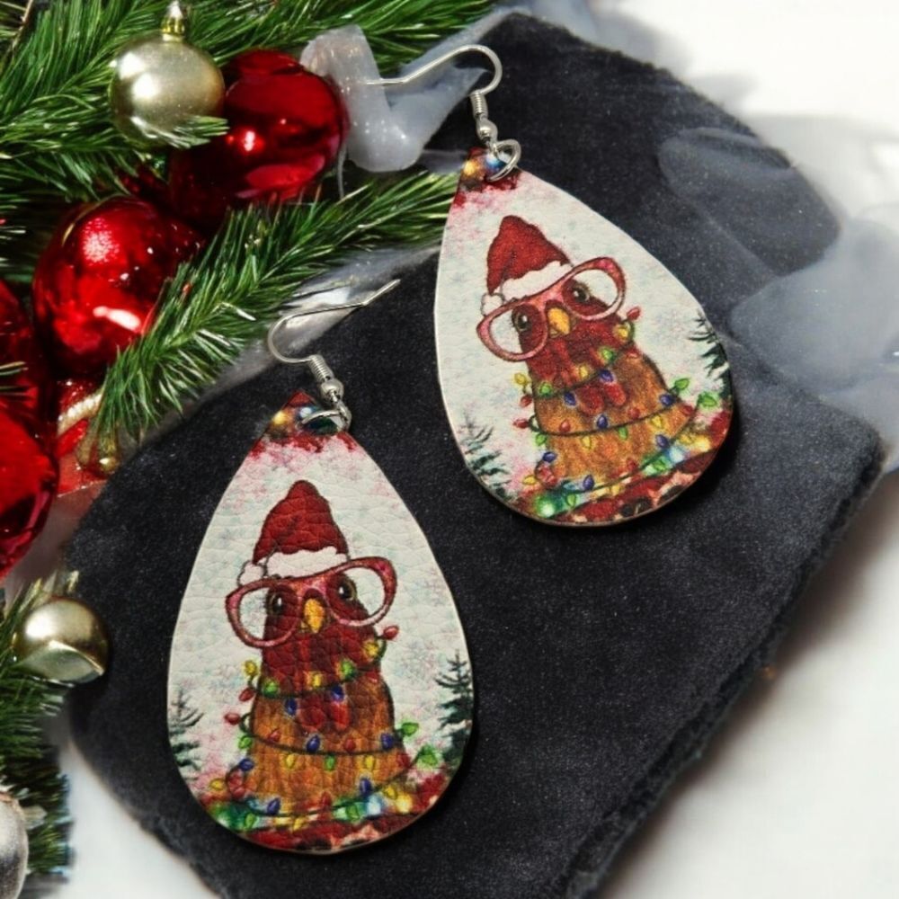 Holiday Earrings 🎄 Santa Chicken Red Glasses Christmas Chick Leather Pierced